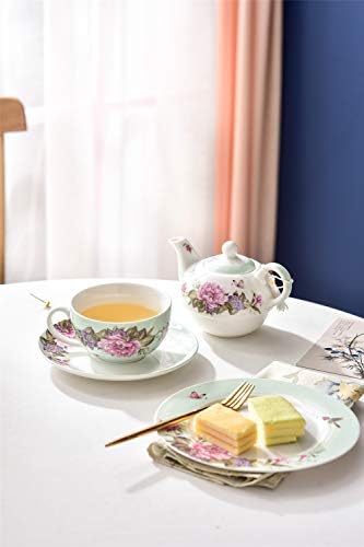 Coffee Tea Cup and Saucer 7.5" Dessert Plate Set 3 Shabby Chic Vintage Porcelain Bird Butterfly Floral Gift Box (Turquoise)