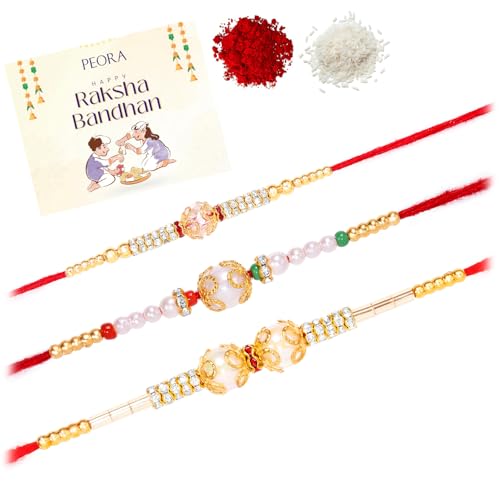 Image of Peora CZ Pearl & Crystals Studded Thread Rakhi for Brother Bhaiya | Combo Set of 3 | Raksha Bandhan Hamper with Roli Chawal & Greeting Card