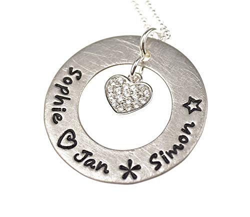 Silberkette mit Gravur Namen, Herzanhänger mit Zirkonia,Silber Kette mit Gravur