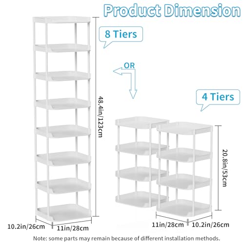 SZSHYNJ 8 Ebenen Schuhregal Schmal und Hoch, Vertikales Schuhregale Stapelbar, Kleines Regal Platzsparend, Eckschuhregal Kinder, Vertical Shoe Rack für Garten, Treppe, Terrasse, Flur, Küche, Weiß