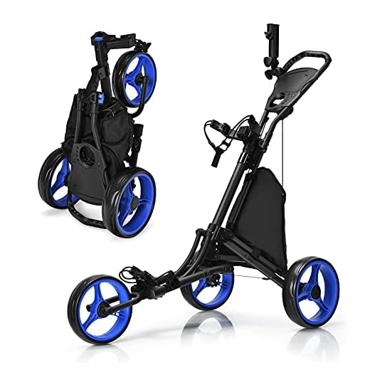 GYMAX 3/4 Wheels Golf Push Pull Cart, Golf Bag Holder (3 Wheels, Blue)