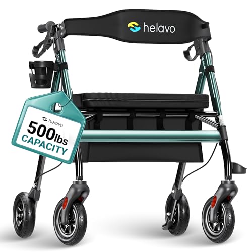 Helavo Bariatric Walker with Large, Height-Adjustable Seat, 550 lbs Weight Capacity, 8-inch Wheels, 28-inch Wide - Extra Wide Heavy Duty Rollator for Seniors