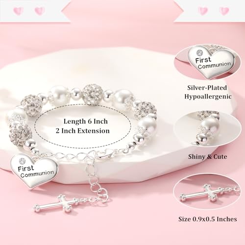 First Communion Confirmation Baptism Cross Bracelet for Girls, Catholic Jewelry Gifts for Kids Daughter Goddaughter Granddaughter 6+2 Inches4