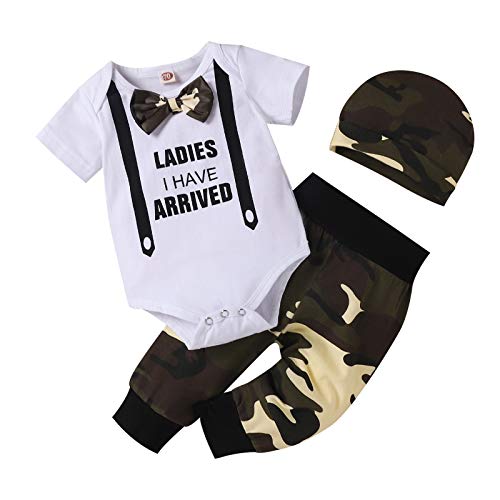 Image of Tikoubabe Baby Boy Clothes Stuff Infant Summer 3 Piece Outfits Newborn Cute Letter Printed Romper Short Sleeve + Pants + Hat