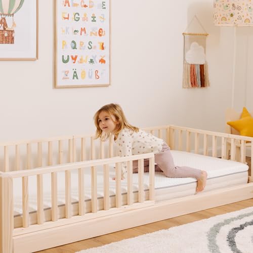 nabè Letto Montessori Evolutivo 120x190 cm - Letto Montessori a terra in Legno Massello Naturale PEFC con 5 Sponde protettive - Made in Italy e 3 anni di garanzia