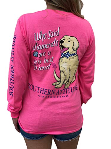 Southern Attitude Who Said Diamonds are a Girls Best Friend Dog Pink Women's Long Sleeve Shirt (Medium)