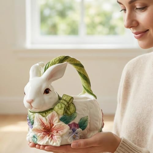 PEHOST Easter Ceramic Rabbit Basket, White Bunny Decorative Storage with Handle, Hand-painted Floral Design, 8.86 x 5.55 x 7.72Inches by PEHOST - Image 4