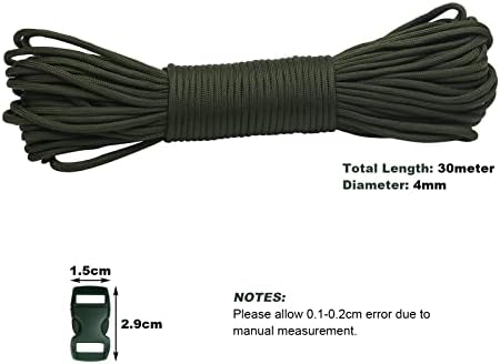 30M 550lb Paracord Rope 4mm Heavy Duty 7 Strand Nylon Cord Tent Rope Cord with 6 Plastic Buckles for Camping Hand Crafting (Army Green, 4mm * 30M)