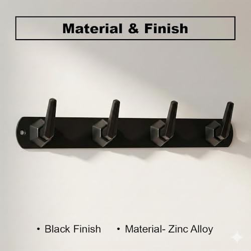 Image of Modern Design Cloth Hanger for Wall /4 Hook Dress Hanger for Door Mount /Bathroom Hooks for Hanging (Black Finish) Pack of 1-| 3 Years Warranty |