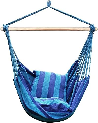 Blissun Hanging Hammock Chair, Hanging Swing Chair with Two Cushions, 34 Inch Wide Seat Blue & Green Stripes (Seaside Stripe)
