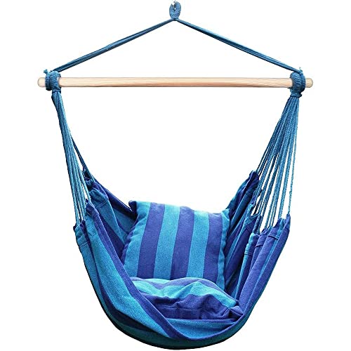 Blissun Hanging Hammock Chair, Hanging Swing Chair With Two Cushions, 34 Inch Wide Seat Blue & Green Stripes (Seaside Stripe) #TOP6