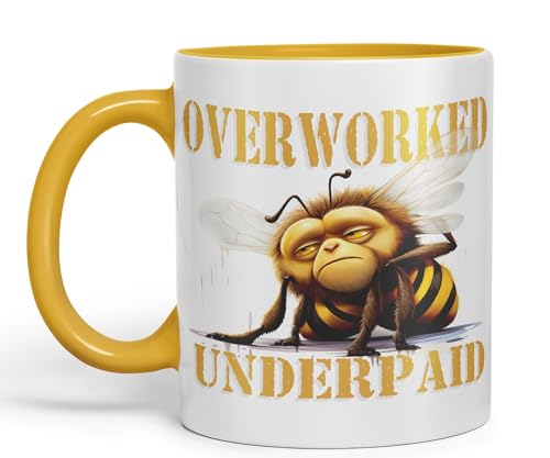 Image of Vixar Overworked Underpaid bee Work Joke sarkasm Sarcastic Ceramic Coloured Mug Cup for Tea Coffee Hot Brew 330ml 11Oz Gift (G Yellow)