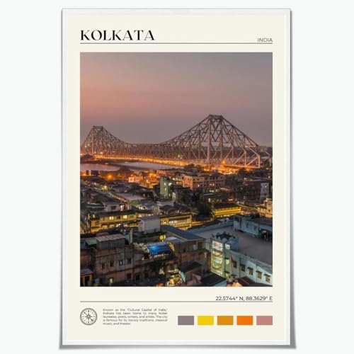 JYscillate Kolkata Cityscape Night View Wall Art Natural poster Modern Landscape picture Canvas Print Urban Landmark Wall Decor for Living Room，Bedroom，Office Gallery 8x12inch Unframed