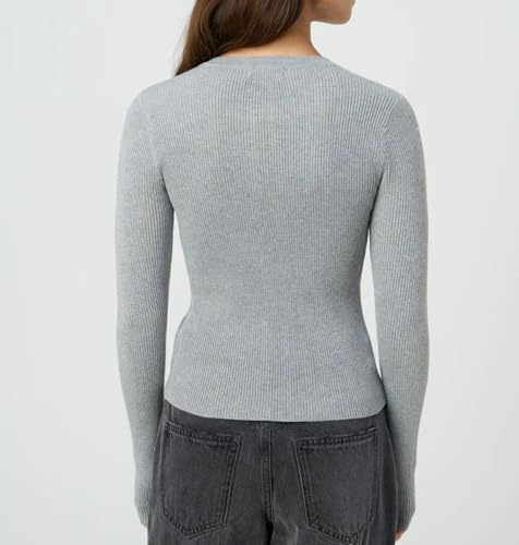 Image of Cioatin Women Long Sleeve Button Up Ribbed Knit Crop Cardigan Y2K Slim Fit Round Neck Sweater Tshirt Fall Going Out Tops