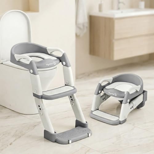 Reducteur toilette enfant 3-en-1, pot bebe toilette et adaptateur toilette enfant avec rehausseur WC, marches, poignées et dossier, antidérapant, pliable,...