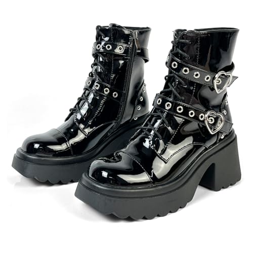 Image of FOREADA Goth Boots Chunky Heel Boot For Women Ankle Combat Booties Black Platform Bootie Buckle Rivets Punk Goth Shoes With Zipper