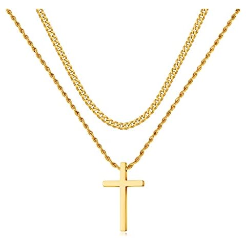 FOCOOG Gold Cross Chain Necklaces for Men - Stainless Steel Gold Chain Cross Pendant Necklace for Men Women Cuban Link Gold Chain for Men Jewelry Mens Chain Cross Necklaces Rope Chain 24 Inches Cover