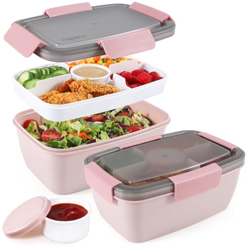 Caperci 2 Pack Large Salad Container for Lunch - 68 oz Salad Bowls To Go, Leakproof Bento Box Adult with 5 Compartments Tray, 4pcs 3-oz Sauce Cups, Reusable Spork & BPA-Free (Pink)