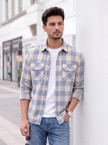 Image of Amazon Brand - INKAST Men's Cotton Blend Button Down Shirt || Long Sleeve Casual Flannel Check Shirt || Soft Breathable Lightweight Collared Shirts with Two Flap Chest Pockets || Stylish Everyday Wear