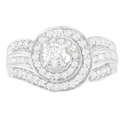 14K White Gold Round and Baguette-Cut Diamond Ring (1 Cttw, H-I Color, SI2-I1 Clarity) - Size 7