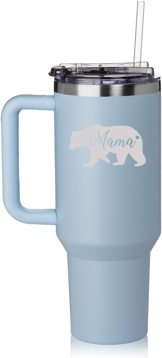 40 oz Tumbler with Handle and Straw Lid Stainless Steel Insulated Travel Mug Cup Mama bear Mom Mother (Sea Foam Green)