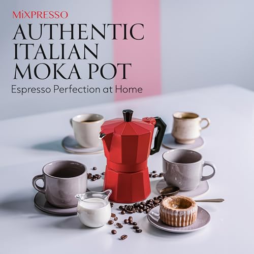 Mixpresso Red 3 Cup Moka Pot Cuban Coffee Maker, Moka Pot for Gas, Electric Stove Top, Classic Italian Coffee Maker, Stovetop Espresso Maker, Camping Pot Makes 3 Espresso Cup 5 Oz - Mug 4.4 Oz