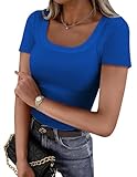 【Caractéristiques】T-shirts tendance pour femmes, manches courtes, col en U, haut court, haut à manches courtes à la mode, solide, doux et extensible, coupe ajustée, décontracté et décontracté.