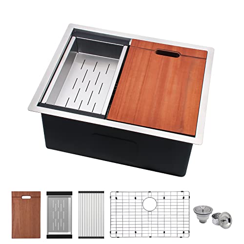 bathivy Kitchen Sink Undermount, 22 x 18 x 10 Inch Workstation Sink, Handmade Stainless Steel Sink Set Single Bowl Kitchen Sink Ledge Sink with All Accessories