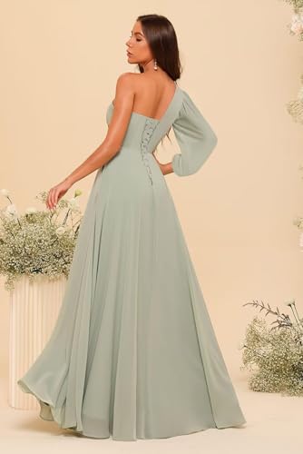 Miao Duo Women's Long Sleeves One Shoulder Bridesmaid Dresses Long Chiffon A Line Formal Dresses with Slit YZTS1692