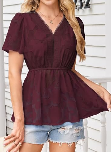 Womens Tops Short Sleeve Lace V Neck Blouses Babydoll Flowy Casual Empire Shirts Boho Peplum Chiffon Tunics4