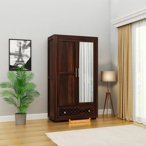 Image of Sheesham Wood 2-Door Wardrobe with Mirror, Metal Handles, 3 Shelves, Floral Carved Panel, 182.9 x 91.4 x 55.9 cm, Fully Assembled 1 Year Warrenty