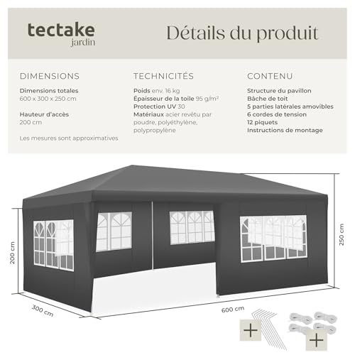 tectake® Tonnelle de Jardin Exterieur 6x3m Tente de Reception Protection UV 30+, Barnum Chapiteau Gazebo Pavillon de Jardin, résistant à l'eau avec Parois Amovibles, Cadre Robuste en Acier époxy – vue 6