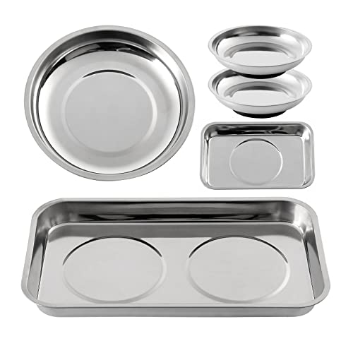 Rechabite 5 Pieces Magnetic Trays Set Stainless Steel Magnet Tool Tray Parts Holder for Screws, Sockets, Bolts, Pins, Mechanic's and Automotive