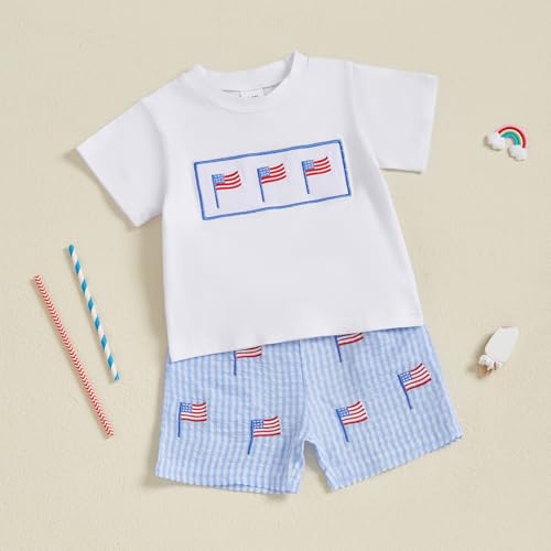 Image of Kayotuas Fourth Of July Toddler Boy Outfit Baby American Flag Clothes Patriotic Shirt Striped Gingham Shorts 2Pcs Summer Sets