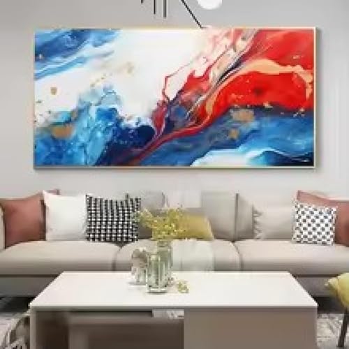 Peinture art pour décoration de salon moderne tableau rouge bleu or encadré