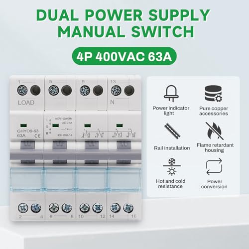 Umschalter 4P 63A Lasttrennschalter Dual Power Manual Transfer Isolating Switch AC 400V Manueller Übertragungsschalter mit doppelter Leistung mit Leistungsanzeige DIN-Schiene Montage.