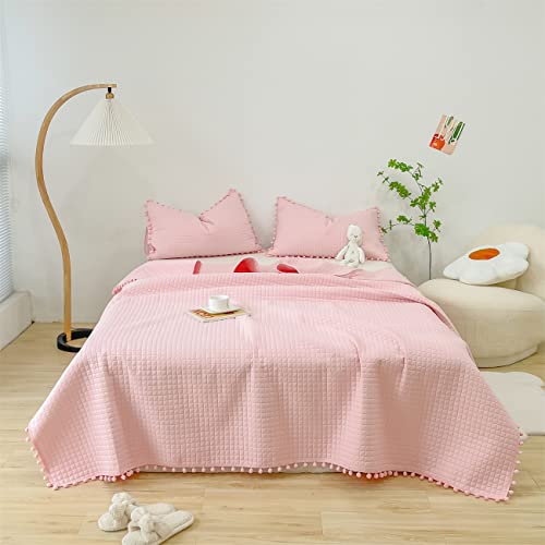 Quilt Set Queen Size Pink, Pom Pom Fringe, 3 Piece Lightweight Bedspread - Soft Kids Bed Coverlet, Bedding Set (Includes 1 Quilt, 2 Shams) #TOP1