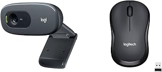 Logitech C270 HD Webcam, HD 720p/30fps, Black & M220 SILENT Wireless Mouse, 2.4 GHz with USB Receiver, Grey