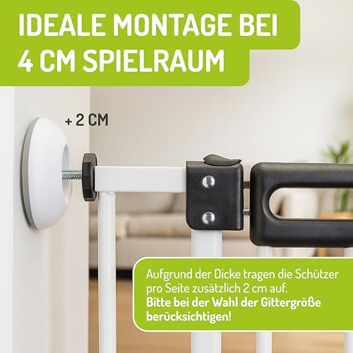 BOMI Elefantenfüße 4er Set rund, Weiß I Wandschutzpads für Treppenschutzgitter ohne Bohren & Türschutzgitter I Antirutsch-Funktion I Wandpads zum Klemmen I Hochwertiges Zubehör für Kinderschutzgitter