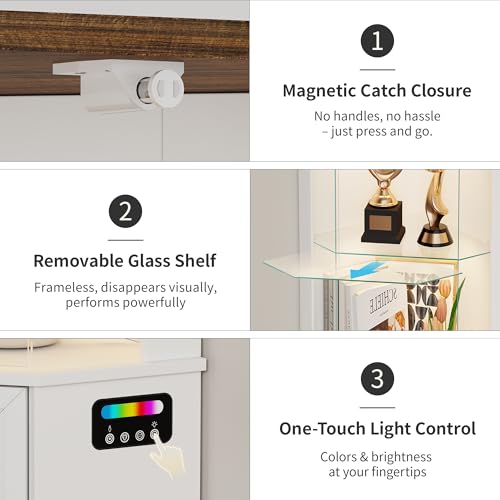 Miniatura 5 de Gurexl 175 Cm Vitrina De Esquina Con 24 Colores De Luces Y Sensor De Movimiento Para Estar,Vitrina De Cristal Con 3 Estantes Ajustables Y 1 Armario,Expositora Para Coleccionista Estar Curio,Blanco