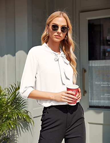 Acevog Women Bow Tie Neck Blouse 3/4 Sleeve Chiffon Work Shirts For Women Business Blouses Fashion 2022 Office Wear Tops White #TOP3