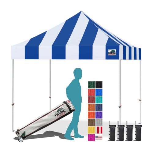Eurmax USA 10x10ft Pop Up Canopy,Commercial Instant Tent for Outdoor Events,Patented No-Tip Rolling Storage Bag with 4 Sandbags,UV & Water Resistant,Heavy Duty Portable Shelter Gazebo,Stripe Blue