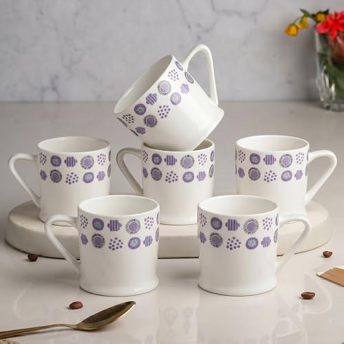 Image of UPC Coffee Mug Set of 6 | White & Purple Abstract Polka Dot Print | Lavender Circle Geometric Border Pattern | Bone China Tea & Coffee Cups | Microwave Safe | Home & Kitchen