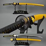 Traditional Handmade T1095 High Carbon Steel Katana Real Battle Ready Japanese Samurai Sword Full Tang Sharp Blade Black Wheel Tsuba Yellow Saya