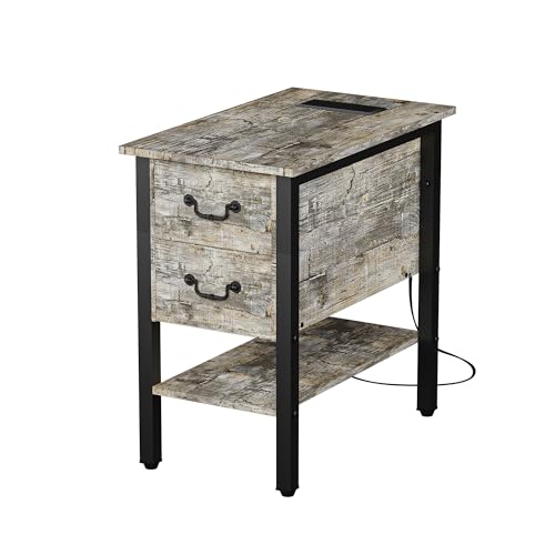 VECELO End Tables,Narrow Nightstands with Charging Station & USB Ports & 2 Drawers,Slim Bedside Table for Bedroom, Living Room,Misty Gray by VECELO - Used condition - US$40.49