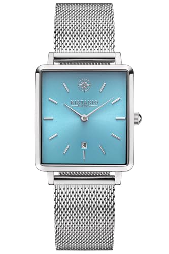 Kistanio Carre Damenuhr mit Milanaiseband Datum Edelstahl Hellblau Saphirglas CAR-SI-BLL-M
