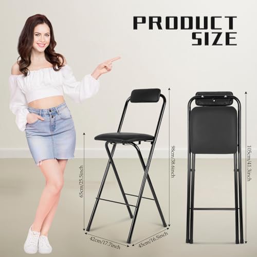 Image of Thyle 1 Pcs Folding Bar Stool with Backrest, Tall Foldable Stool Chair Portable High Folding Bar Chair Counter Height Seat Leather Padded for Kitchen Island Shop Cafe Dining Room Black (25.5 Inch)