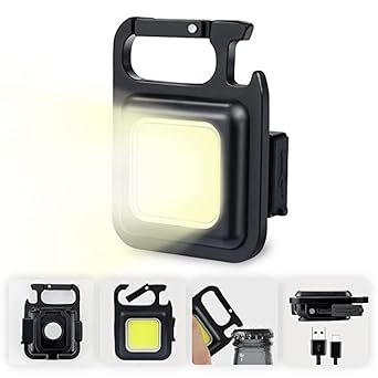 Small LED Flashlight COB Rechargeable Keychain Mini Flashlight 4 Light Modes Portable Pocket Light with Folding Bracket Bottle Opener and Magnet Base for Fishing Walking Camping