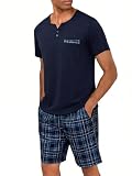 Bresdk Pijama de Hombre Corto de Algodón con 2 Botones a Cuadros para Verano, Ropa de Noche para Hombres S-3XL
