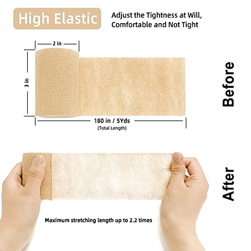 Self Adhesive Bandage Wrap(12 Pack, 3 Inch x 5 Yards), First Aid Medical Cohesive Bandage Tape, Breathable Elastic Sports Athletic Tape Wrap for Ankle, Wrist, Knee, Foot Sprains & Swelling(Tan) - Thumbnail 4